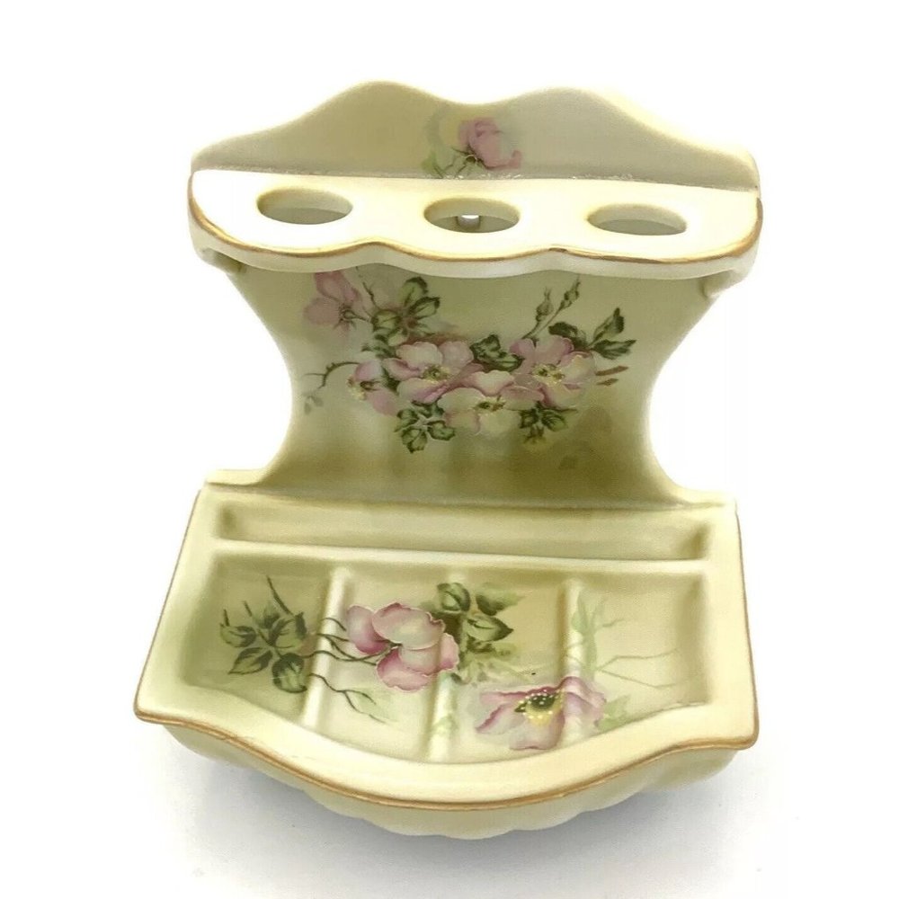 Vintage Nippon Hand Painted Porcelain Toothbrush  Soap Holder Hang Stationary